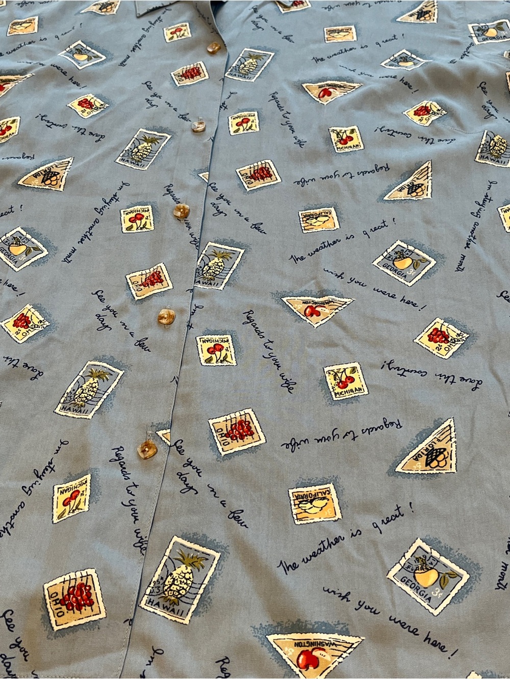 Liz Claiborne 100% silk Pale Blue Button-Down blouse with Postcard Print size L - Picture 7 of 10